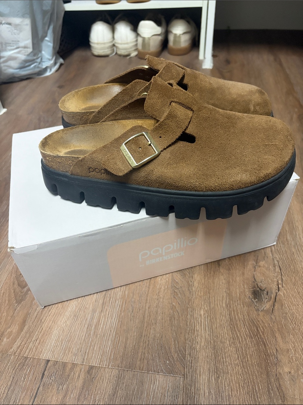 Birkenstock Brown Suede Clog Mule with Black Lug Sole